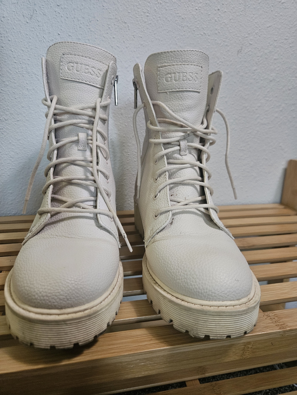 GUESS Women's Cream Lace-Up Combat Boots